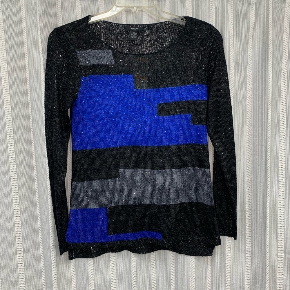 ALFANI NWT Sweater Shear w/Cami Blue Black Gray Shimmers Size PS Petite‎ Small